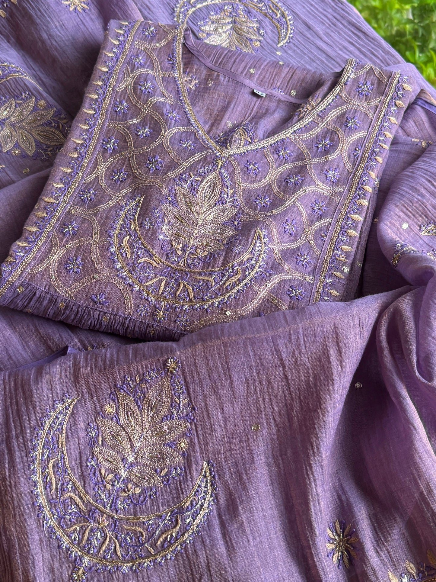 Lilac Purple Shade Tissue Silk Bhopali Kurta Dupatta Set