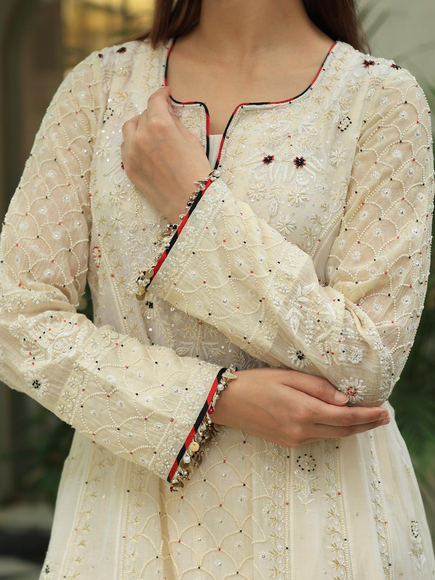 Off White Shade Malmal Pearl Work Chikankari A Line Kalidar Kurta With Dupatta