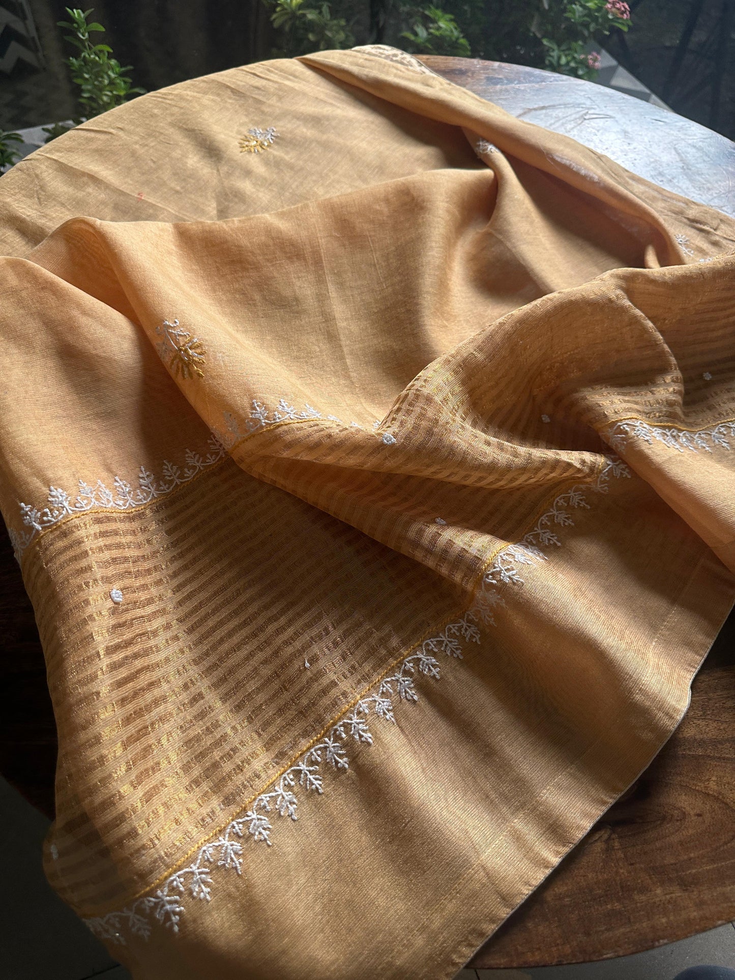 Yellow Tissue Silk Chikankari Unstitched Fabrics