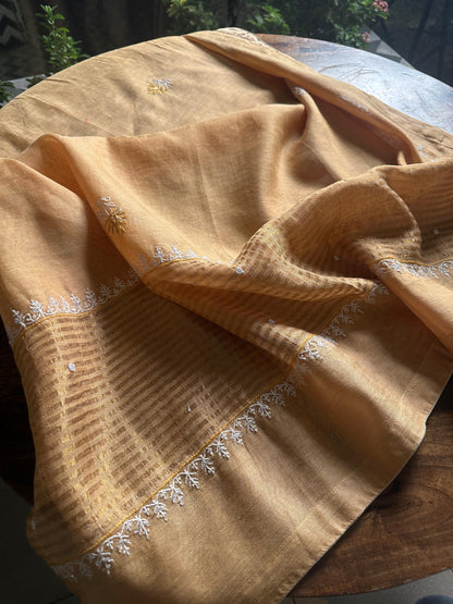 Yellow Tissue Silk Chikankari Unstitched Fabrics