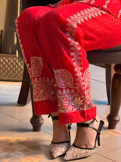 Crimson Red | Jacquard Sequins Chikankari Co-Ord Set