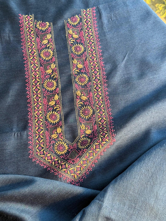 Dark Blue Moonga Silk Chikankari Men’s Kurta Fabrics
