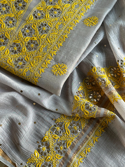 Grey Shade Mal Cotton Chikankari Unstitched Kurta Dupatta Fabric With Mukaish Badla