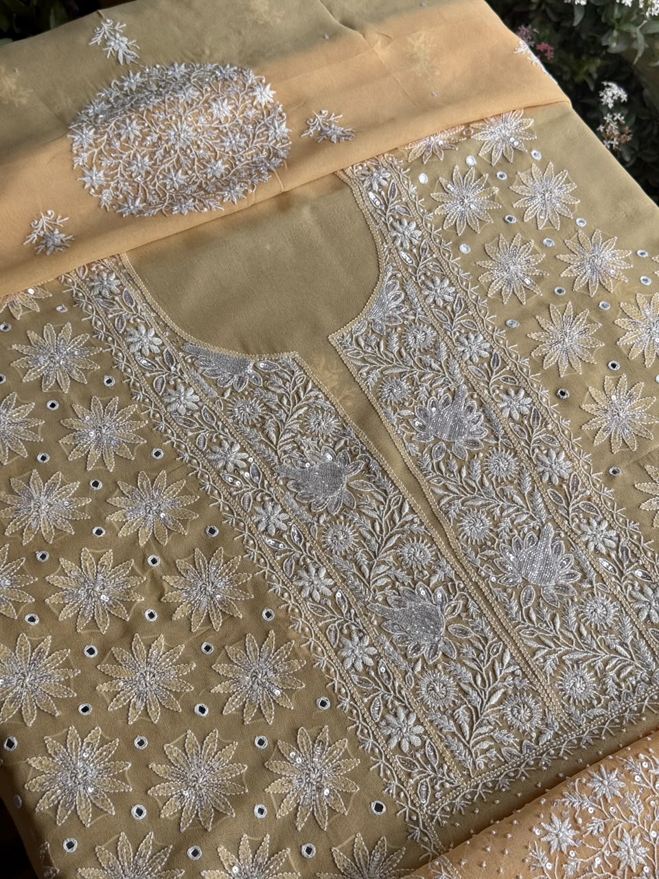 Melon Yellow shade Georgette Mirror Work Chikankari Kurta Dupatta Set