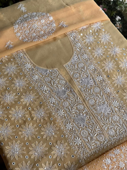 Melon Yellow shade Georgette Mirror Work Chikankari Kurta Dupatta Set