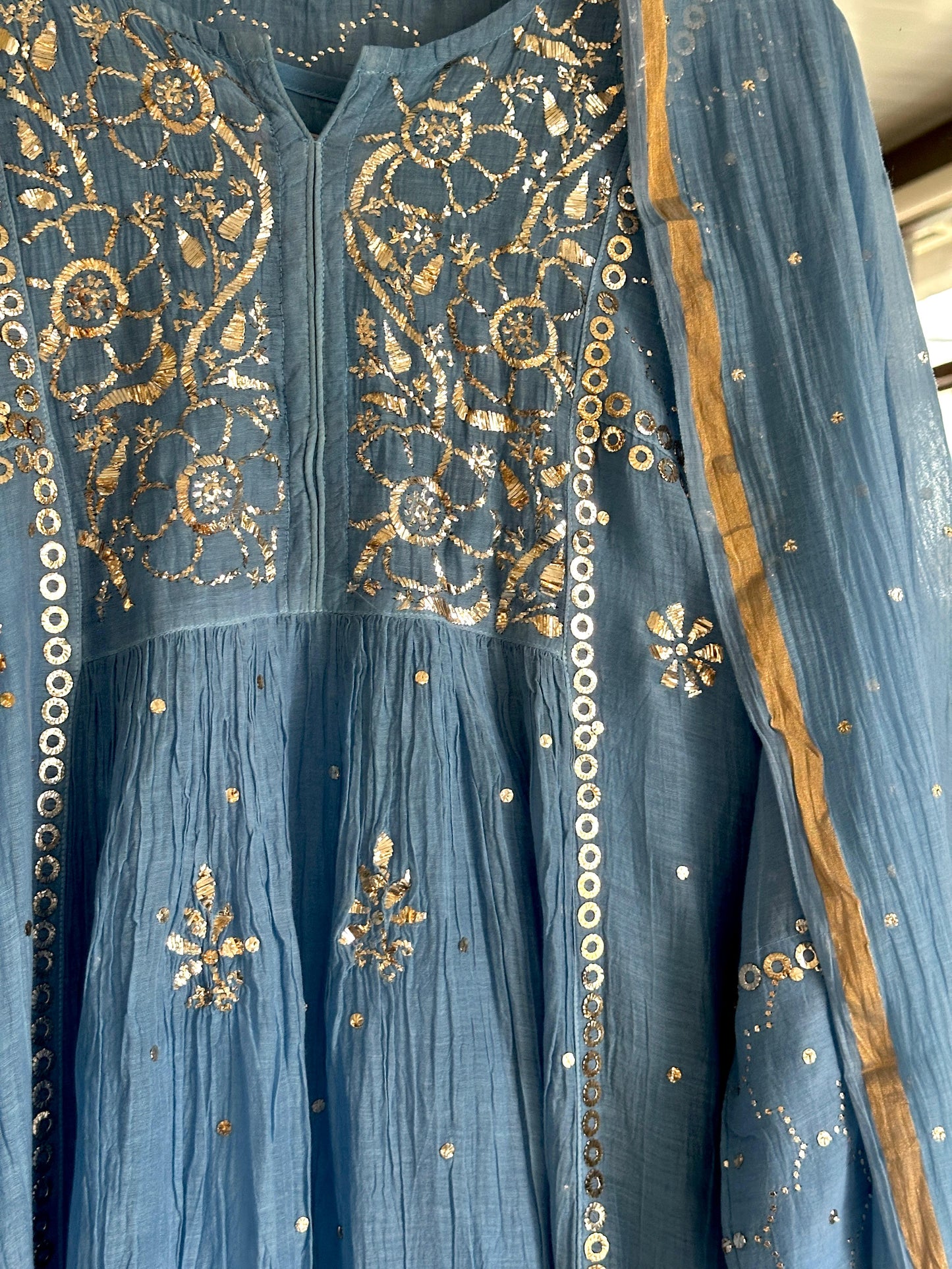 Powder Blue Shade Mukaish Mul Chanderi Silk Dress
