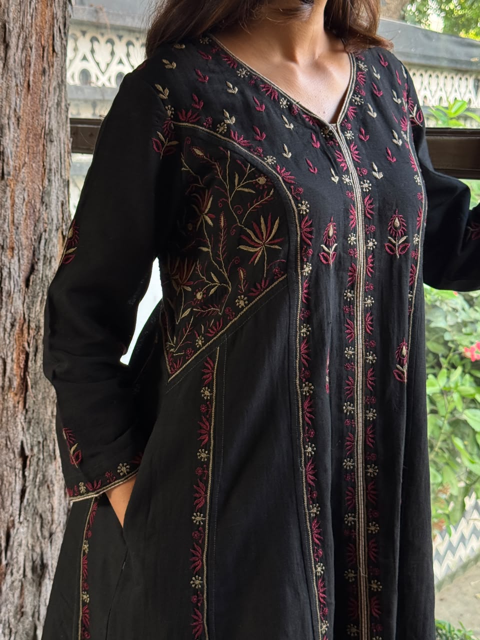 Black Handspun Malkha Chikankari Panel Tunic
