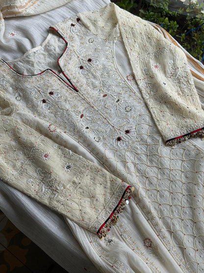 Off White Shade Malmal Pearl Work Chikankari A Line Kalidar Kurta With Dupatta