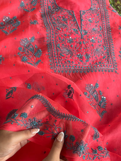 Watermelon Red Shade Noor Organza Silk Chikankari Unstitched Kurta Dupatta Set
