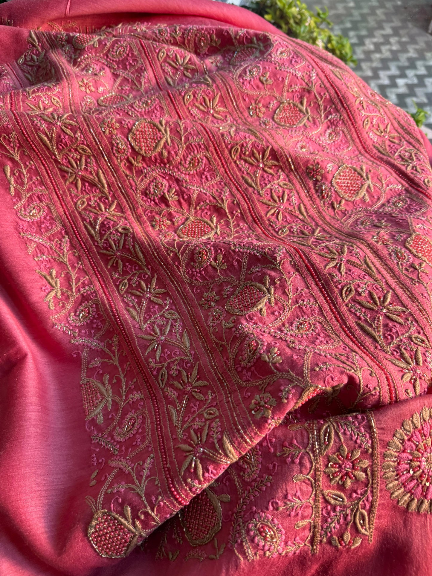 Pink Moonga Silk Chikankari Unstitched Fabric