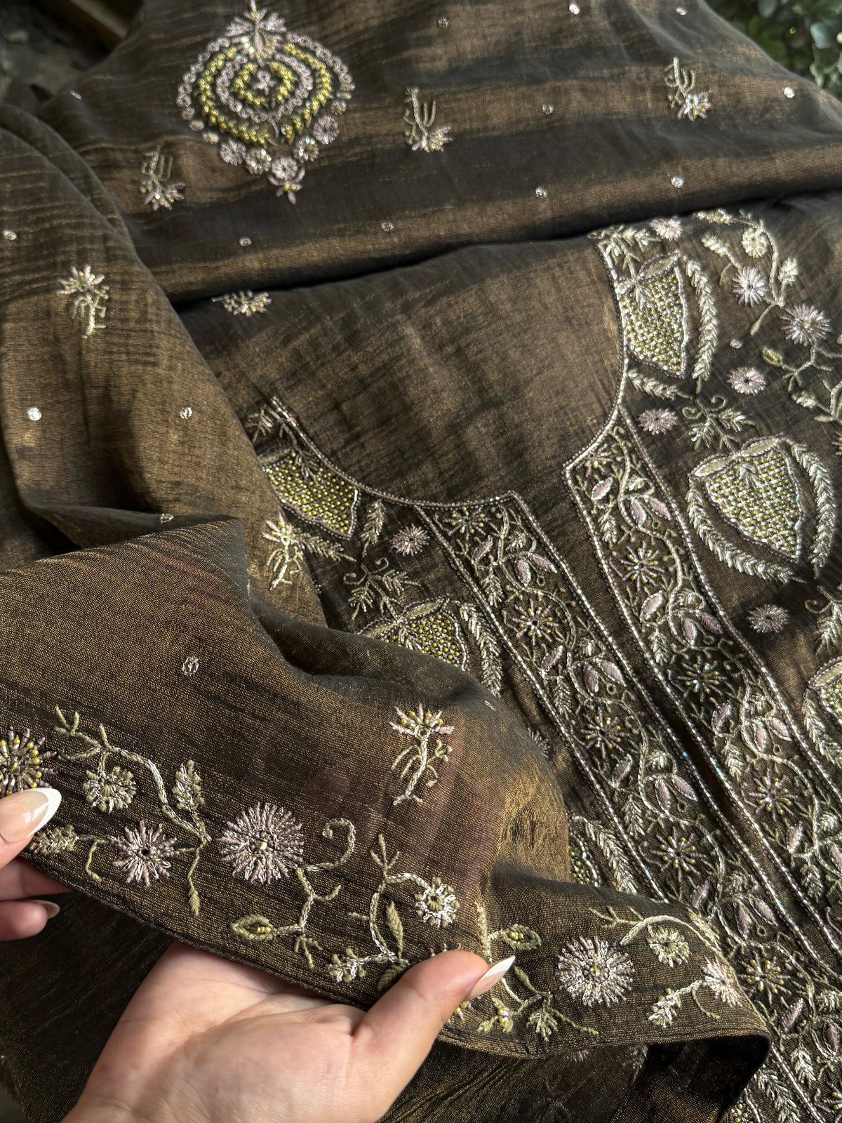 Goldish Black Shade Tissue Silk Chikankari Unstitched Fabric