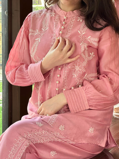 Pink Chanderi Chikankari Co-Ord Set