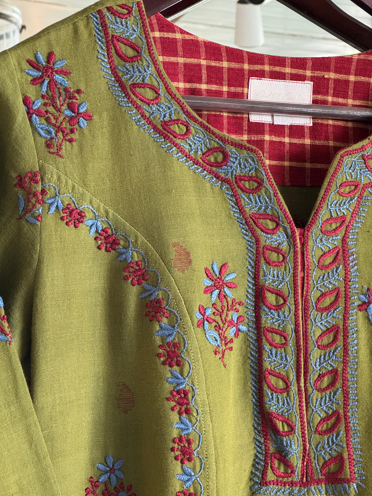 Green Malkha Handspun Chikankari Tunic