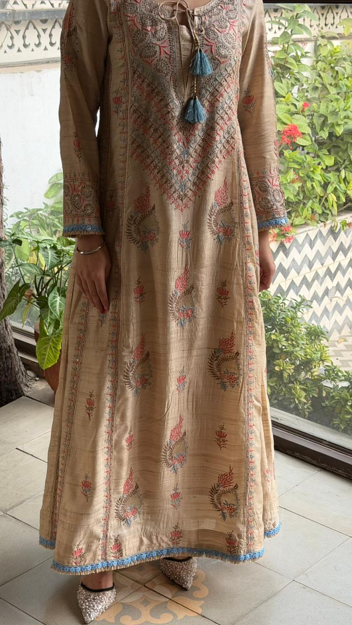 Basak Blue & Peach Natural Tussar Silk Kalidar Chikankari Kurta Set