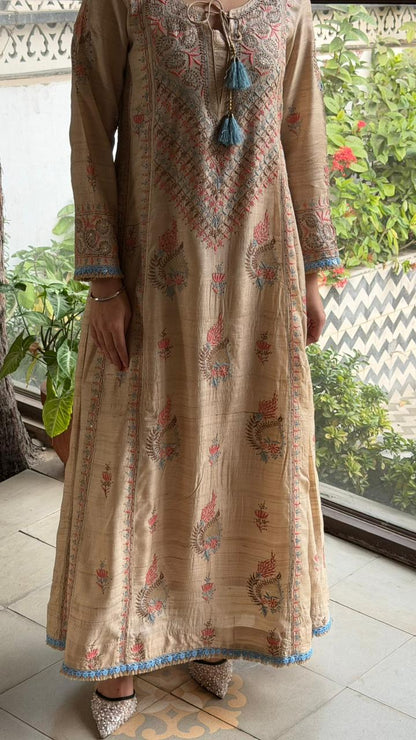 Basak Blue & Peach Natural Tussar Silk Kalidar Chikankari Kurta Set