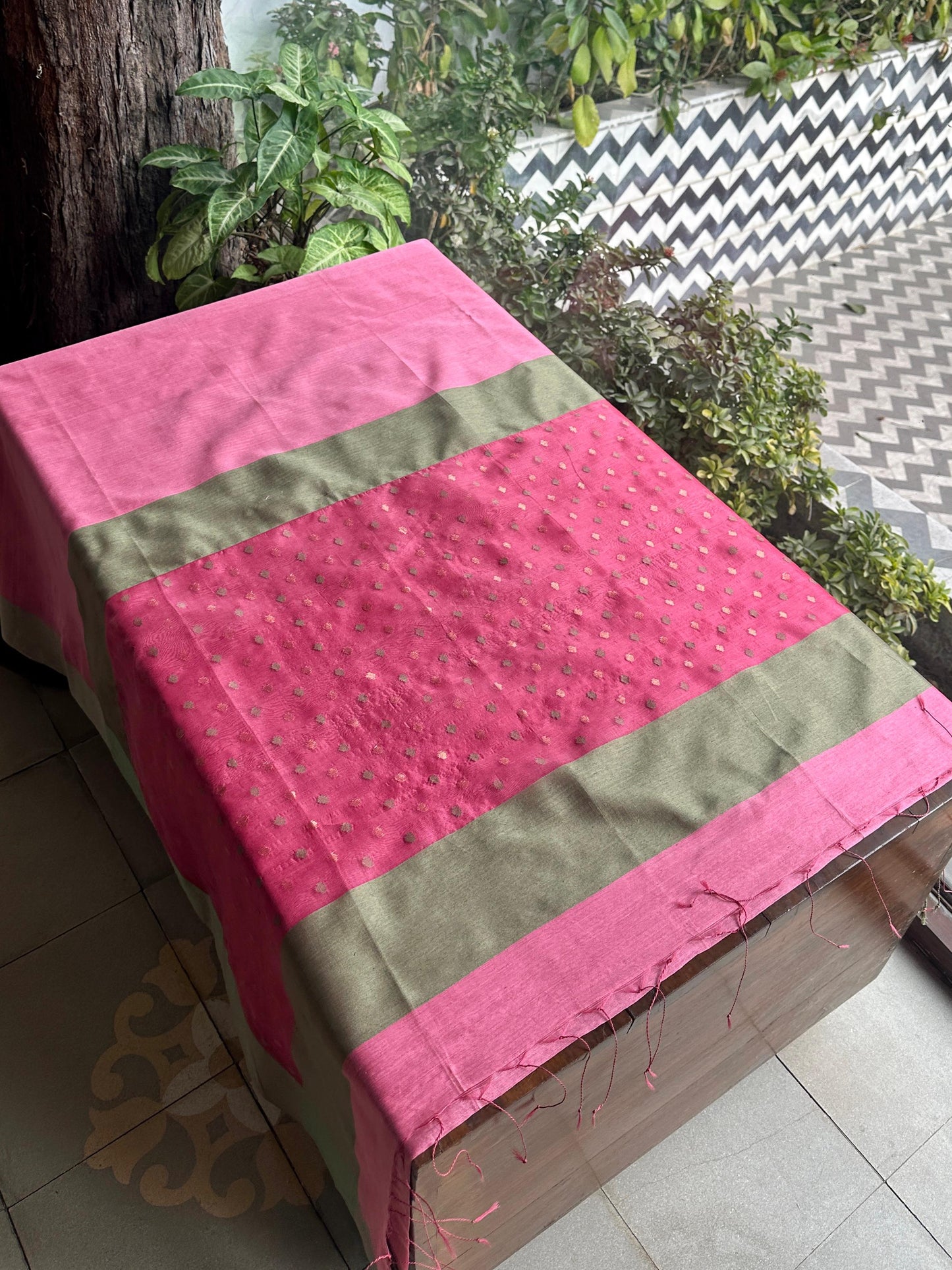 Hot Pink Woven Butta Saree with Contrast Grey Border