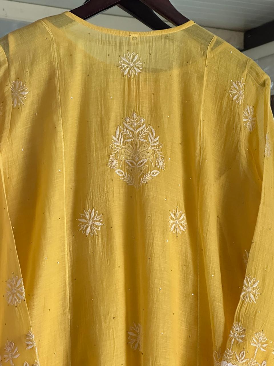 Yellow Mal Mukaish Kamdani Chikankari Kurta Dupatta Set
