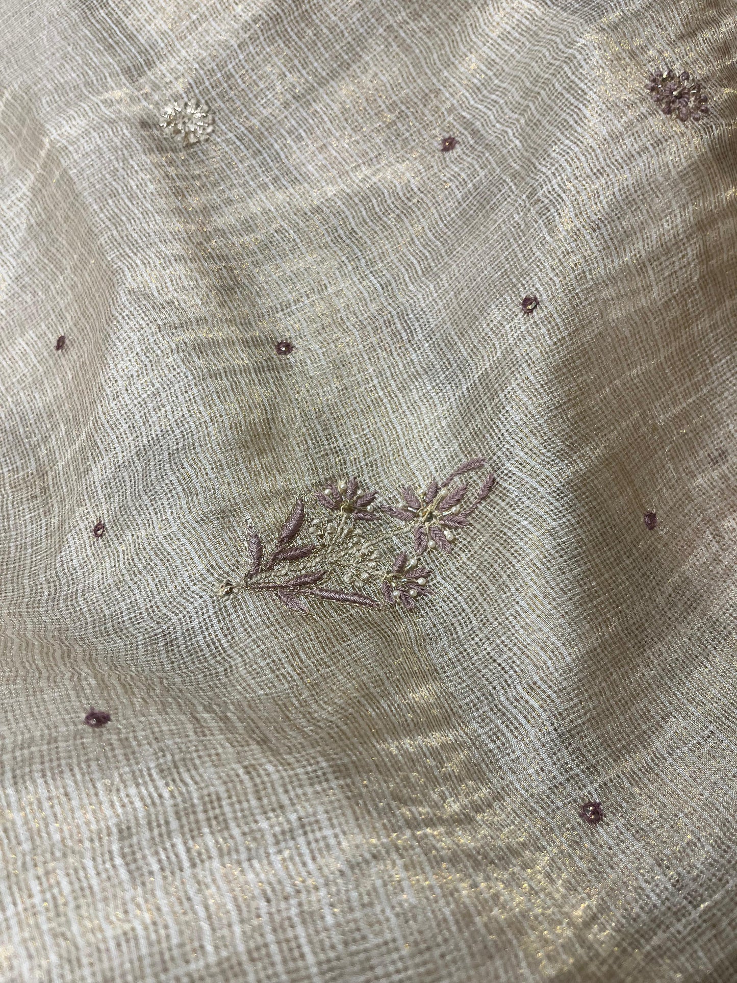 Beige Mauve Tissue Kota Chikankari Unstitched Fabric