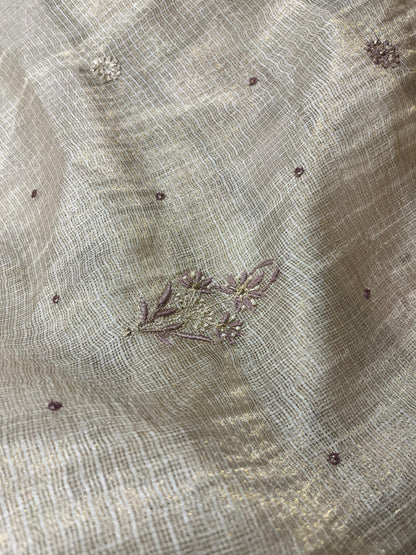 Beige Mauve Tissue Kota Chikankari Unstitched Fabric