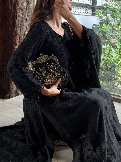 Black Malmal Pearl Work Chikankari A Line Kalidar Kurta With Dupatta