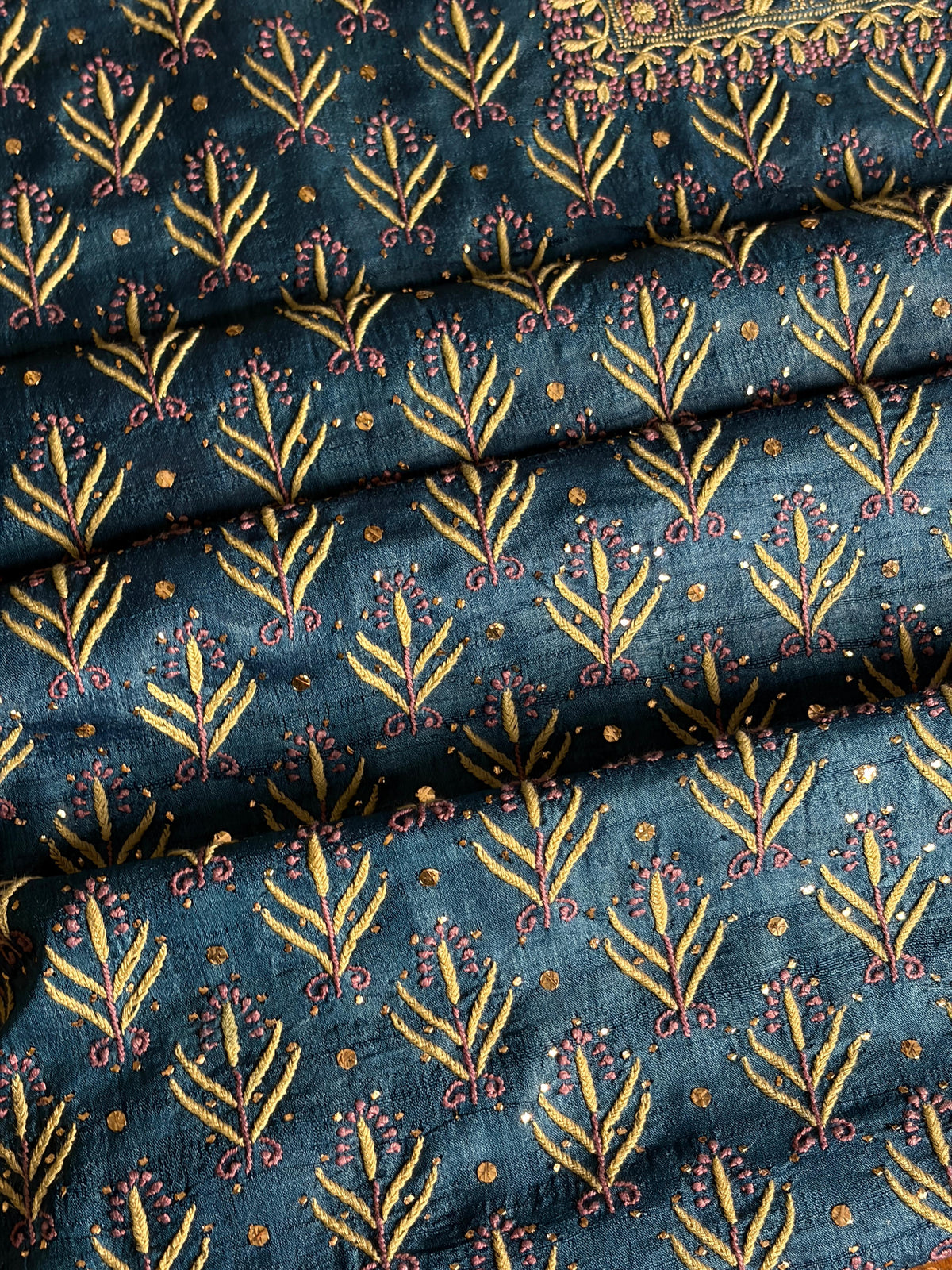 Blue Multi Roheen Tussar Silk Chikankari Fabric