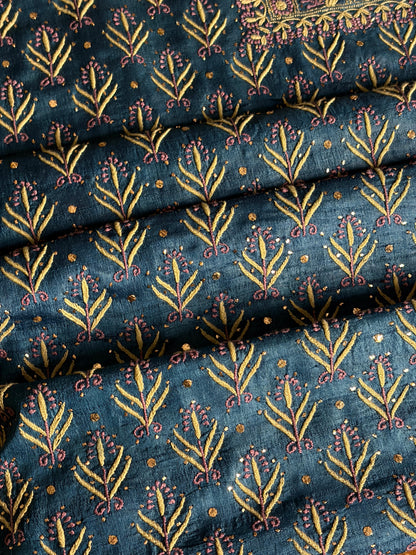 Blue Multi Roheen Tussar Silk Chikankari Fabric