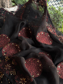 Black & Rust Red Shade Coral Motif Fine Chikankari Organza Mukaish Dupatta