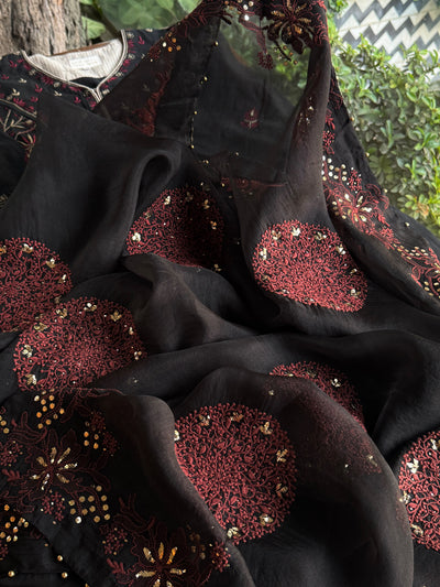 Black & Rust Red Shade Coral Motif Fine Chikankari Organza Mukaish Dupatta