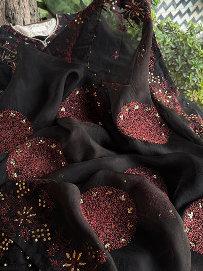 Black & Rust Red Shade Coral Motif Fine Chikankari Organza Mukaish Dupatta