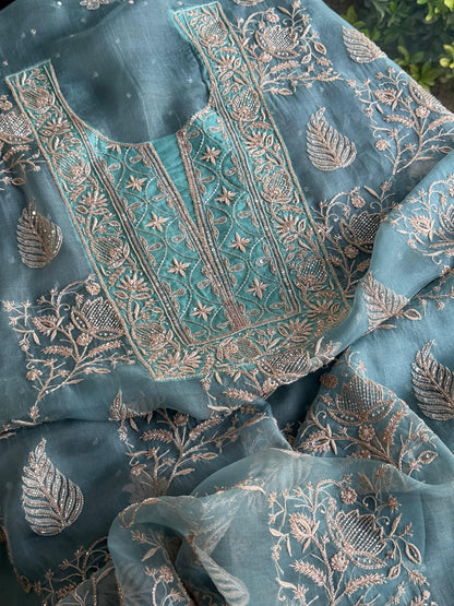 Pastel Shade Noor Organza Silk Chikankari Unstitched Kurta Dupatta Set