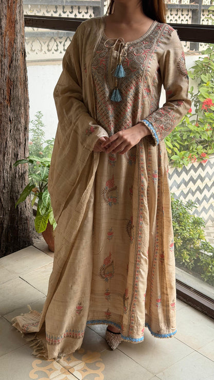 Basak Blue & Peach Natural Tussar Silk Kalidar Chikankari Kurta Set