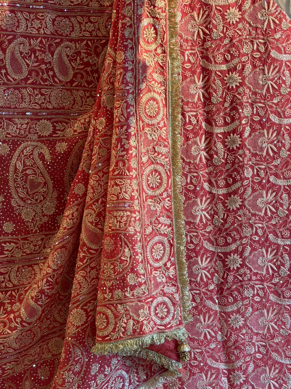 Deep Coral Shade Heavy Chikankari Jwelled Chikankari Sequinned Saree