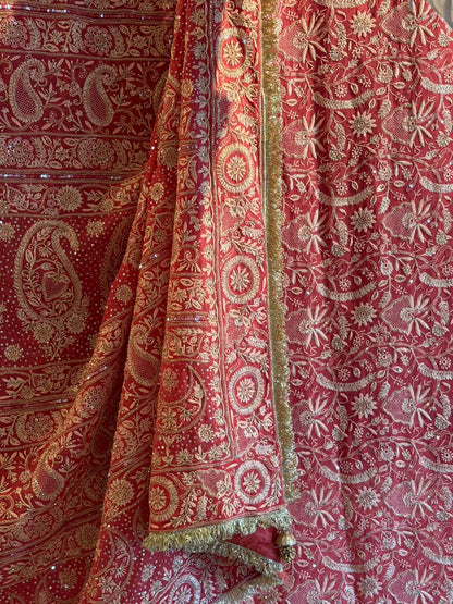 Deep Coral Shade Heavy Chikankari Jwelled Chikankari Sequinned Saree