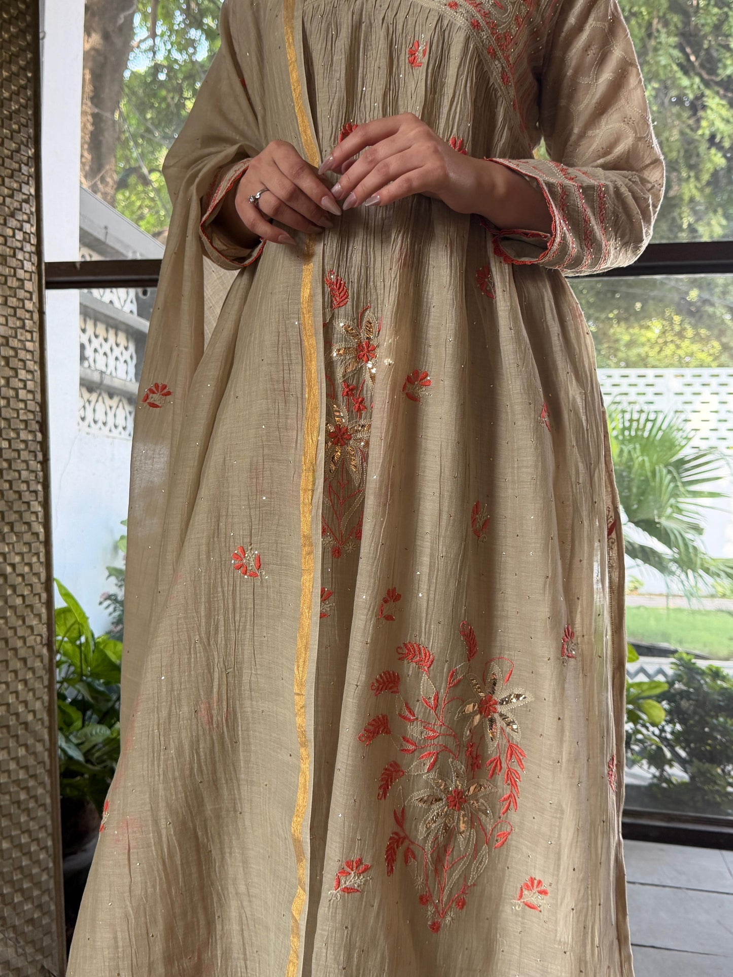 Angi Style Mal Mukaish Kamdani Tux Chikankari Kurta Dupatta Set
