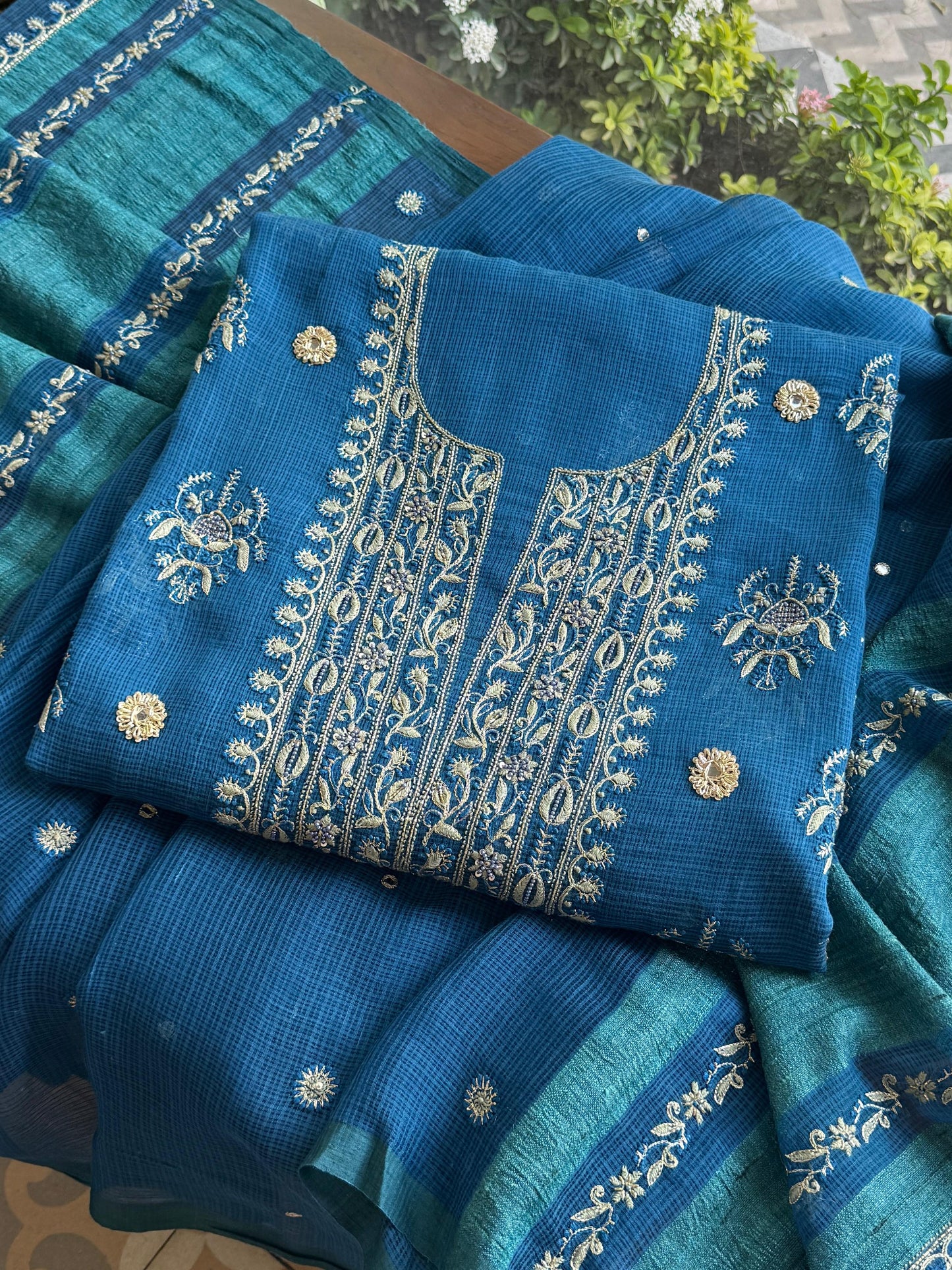 Blue Handloom Kota Chikankari With Mirror Work Unstitched Kurta Dupatta Set