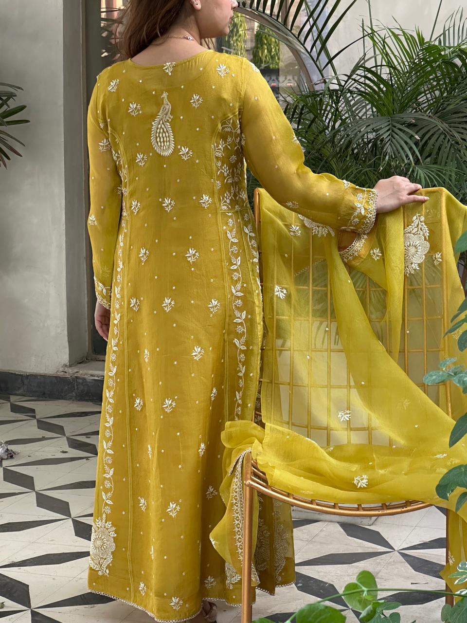 Yellow Noor Organza Chikankari Anarkali Kurta With Dupatta