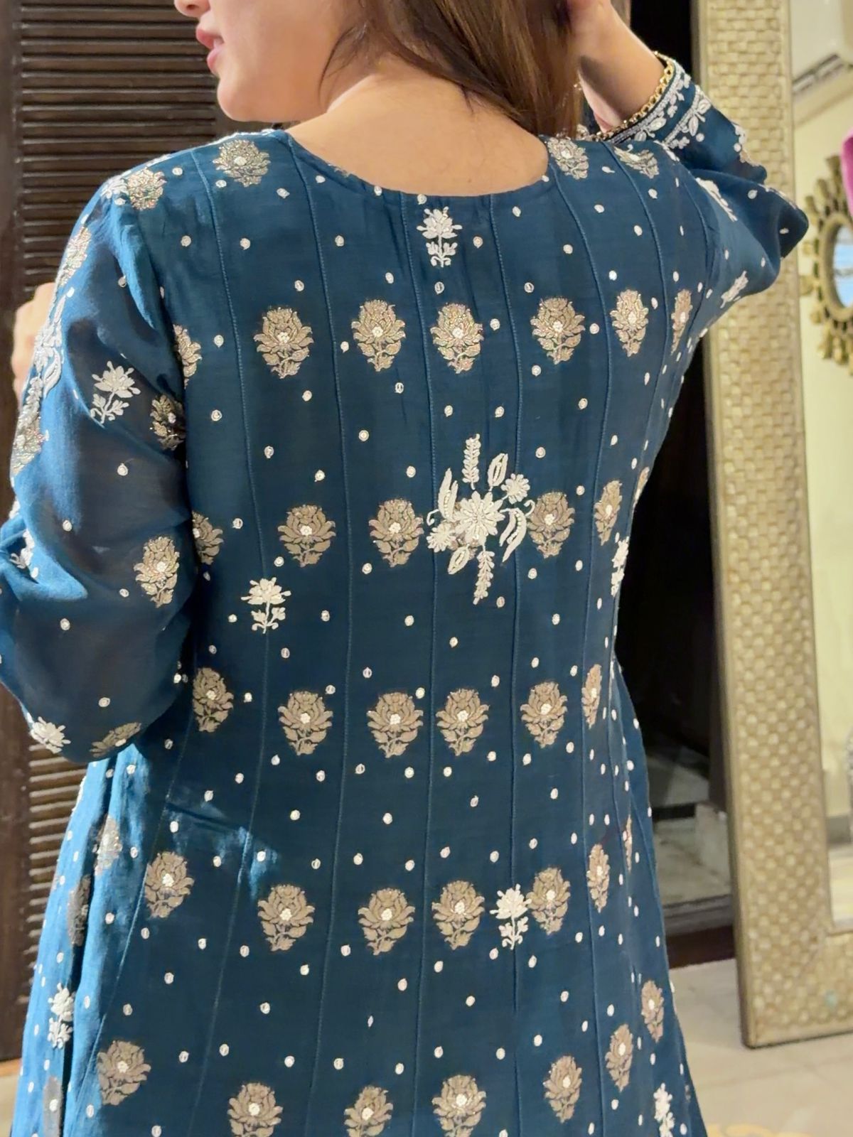 Navy Blue Zari Chanderi Chikankari Co-Ord Set