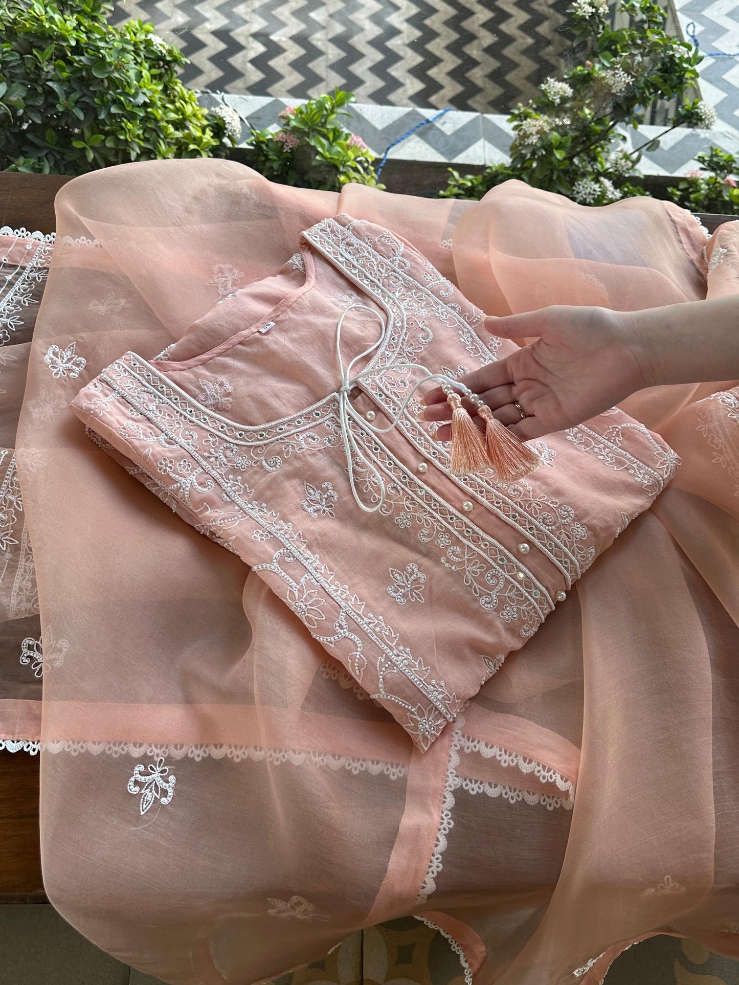Peach Shade Malmal Pearl Work Chikankari Kurta Set