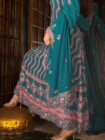 Prussian Blue Sequinned Georgette Chikankari Anarkali