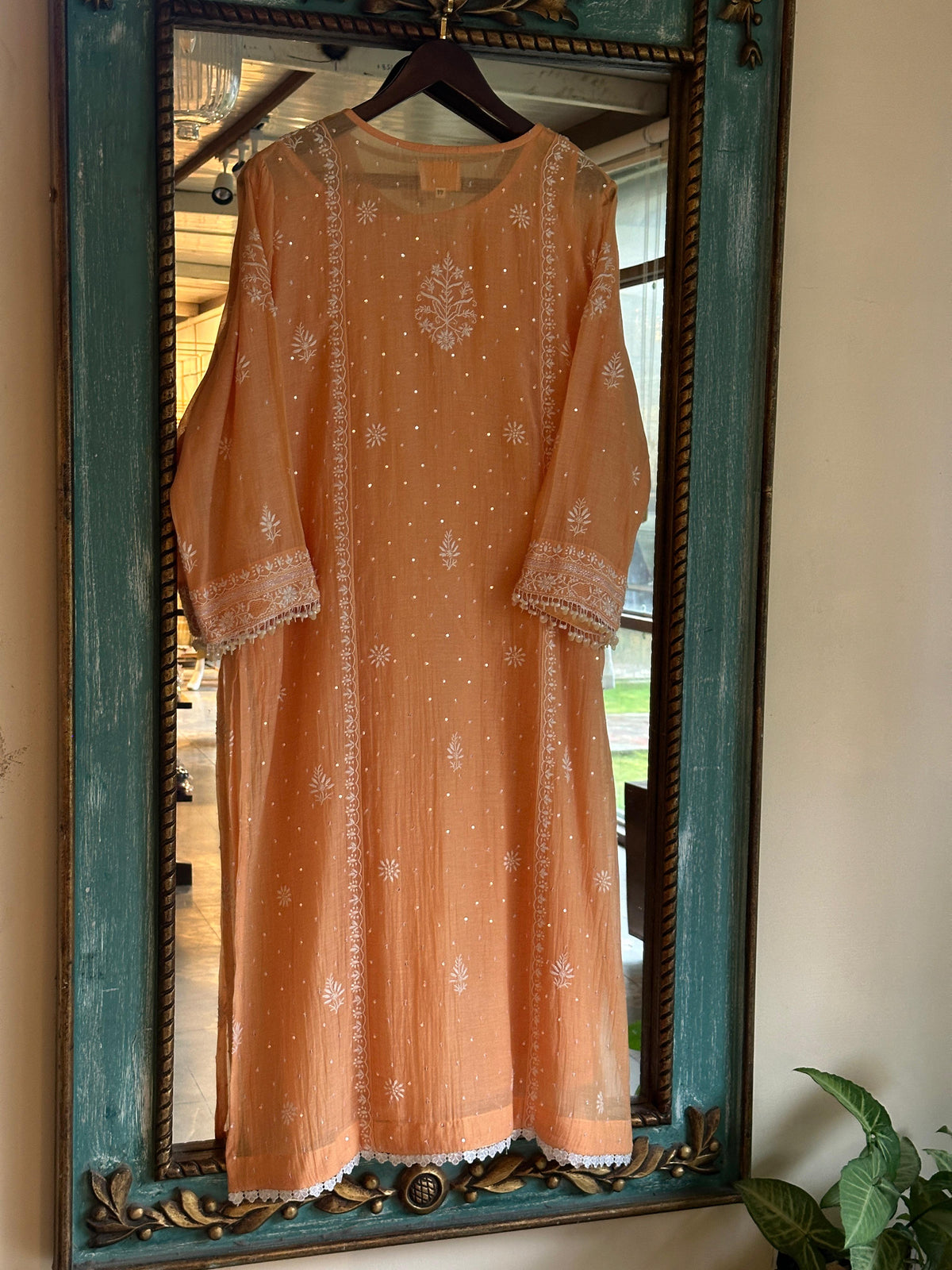 Coral Peach Shade Malmal Pearl White Chikankari Ready to Wear Kurta Set