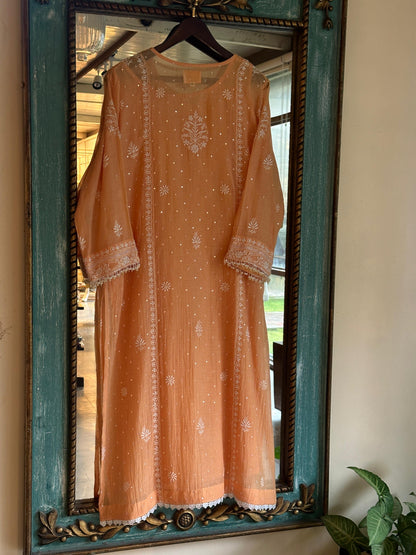 Coral Peach Shade Malmal Pearl White Chikankari Ready to Wear Kurta Set
