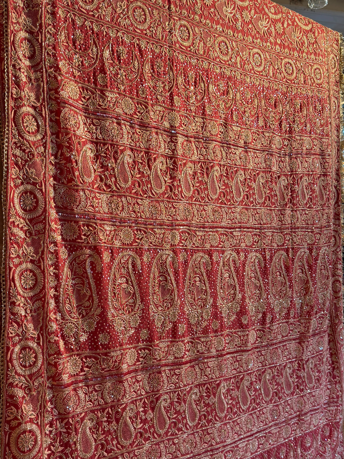Deep Coral Shade Heavy Chikankari Jwelled Chikankari Sequinned Saree