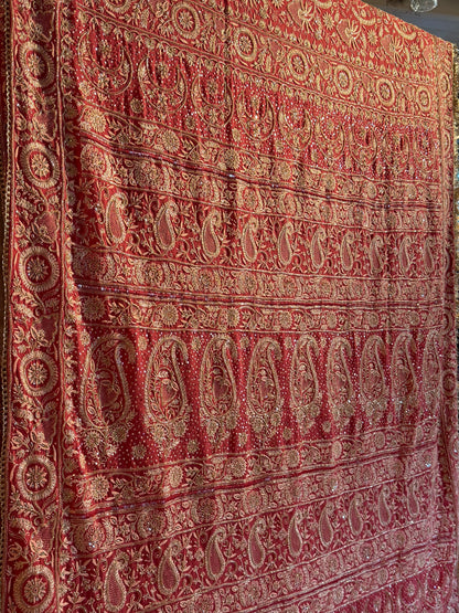 Deep Coral Shade Heavy Chikankari Jwelled Chikankari Sequinned Saree