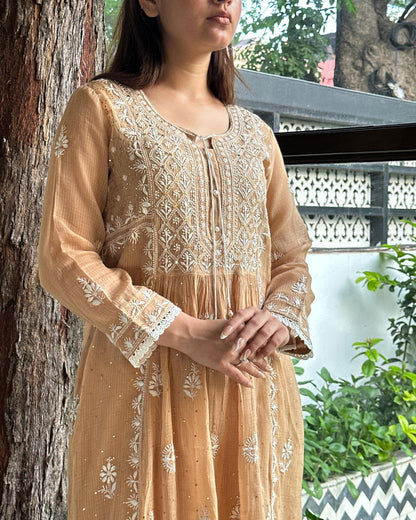 Beige Kota Chikankari with Mukaish Kamdani Tunics