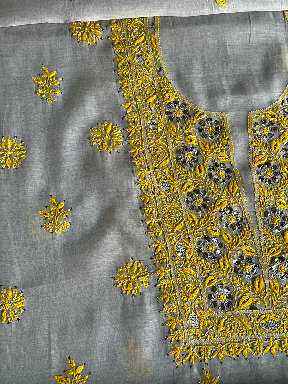 Grey Shade Mal Cotton Chikankari Unstitched Kurta Dupatta Fabric With Mukaish Badla