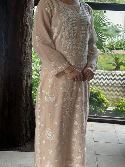 Beige Sequinned Chikankari Kota Kurta