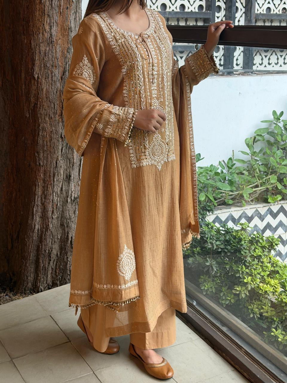 Crush Mul Heavy Chikankari Yoke Kurta Set