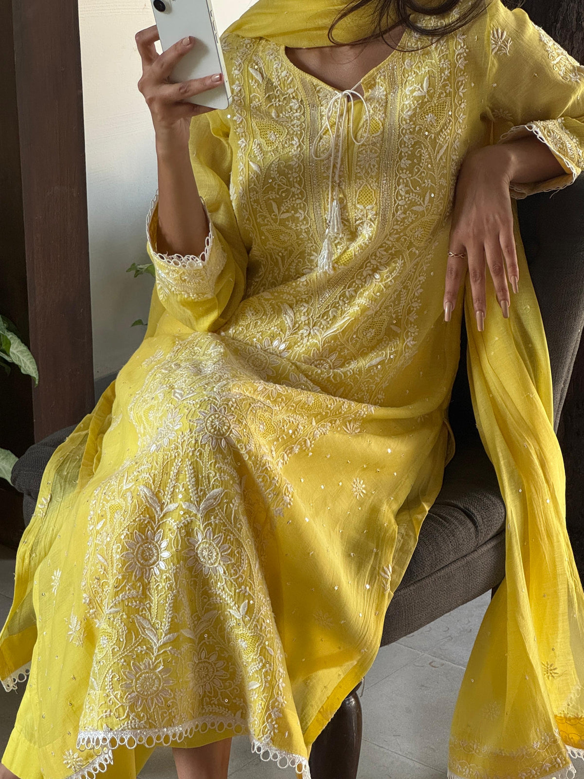 Yellow Shade Malmal Pearl White Chikankari Ready to Wear Kurta Set