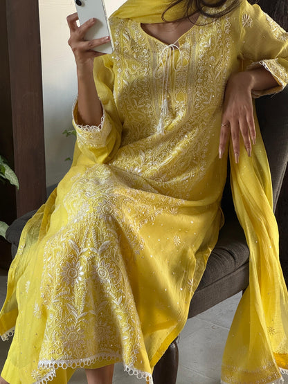 Yellow Shade Malmal Pearl White Chikankari Ready to Wear Kurta Set