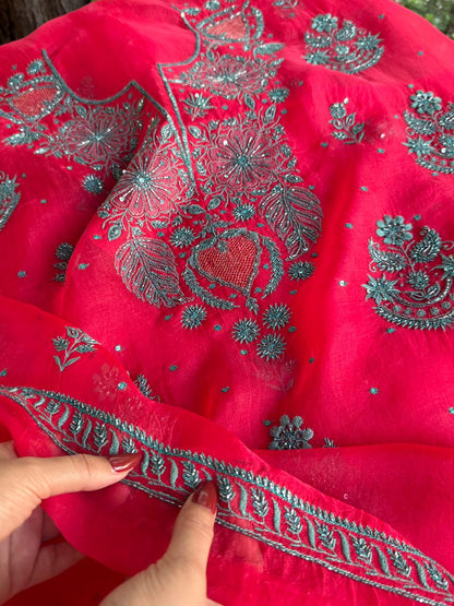 Watermelon Shade Noor Organza Silk Chikankari Unstitched Kurta Dupatta Set